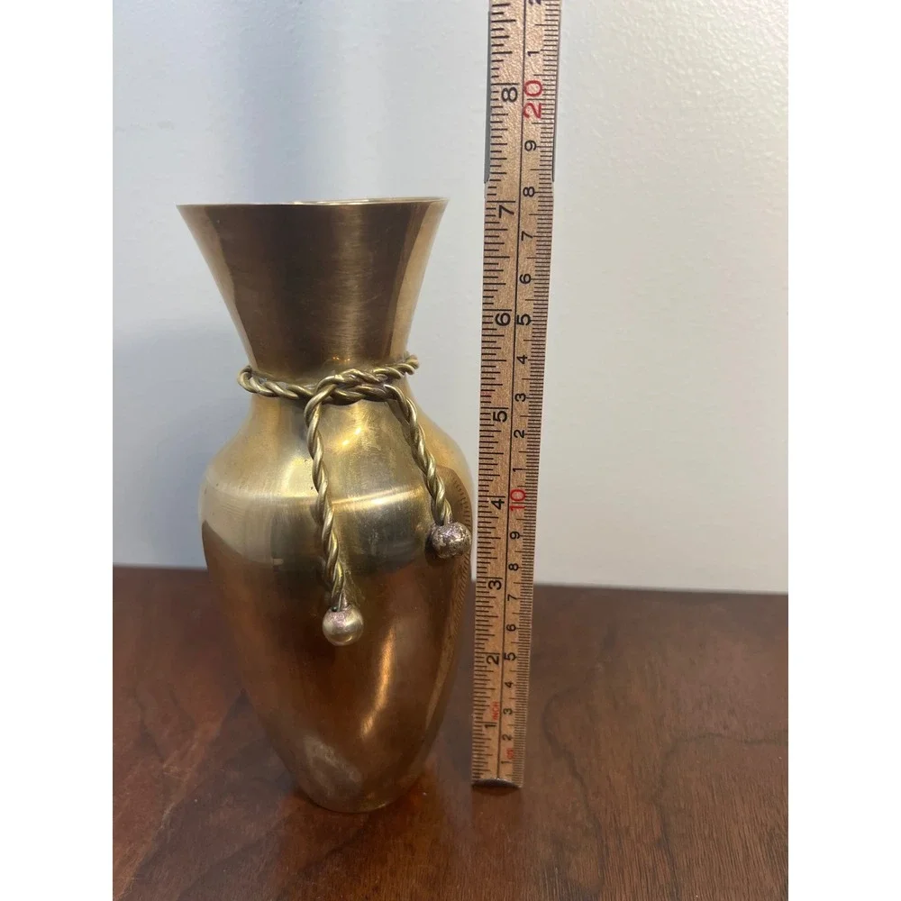Vintage Brass Vase Rope Tie Tassel Detail Gold Metal MCM Boho Shelf Decor 7in